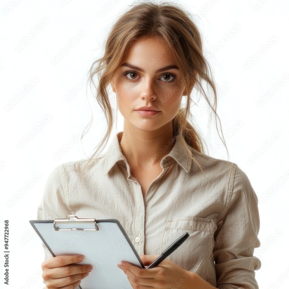A person with a serious expression, holding a clipboard and taking notes. The white background gives a professional and focused atmosphere. The high-resolution photo captures the details of the A person with a serious expression, holding a clipboard and taking notes. The white background gives a professional and focused atmosphere. The high-resolution photo captures the details of the