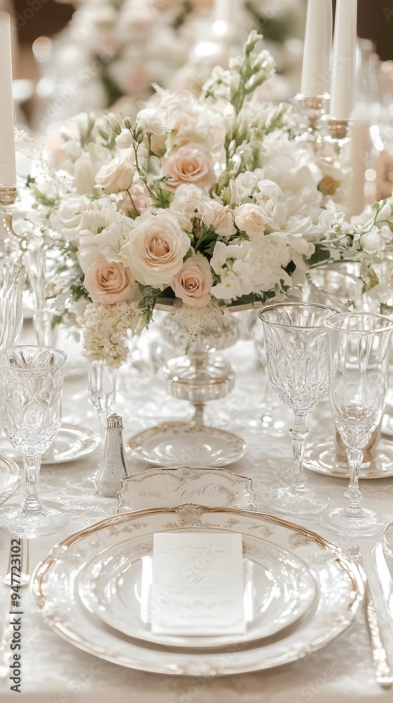 Elegant Baroque Inspired Wedding Table Setting with Floral Centerpieces and Ambient Lighting Elegant Baroque Inspired Wedding Table Setting with Floral Centerpieces and Ambient Lighting