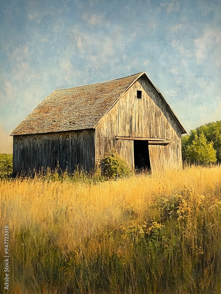 Weathered Barn in Lush Meadow with Sunlit Pastoral Impressionist Landscape Weathered Barn in Lush Meadow with Sunlit Pastoral Impressionist Landscape