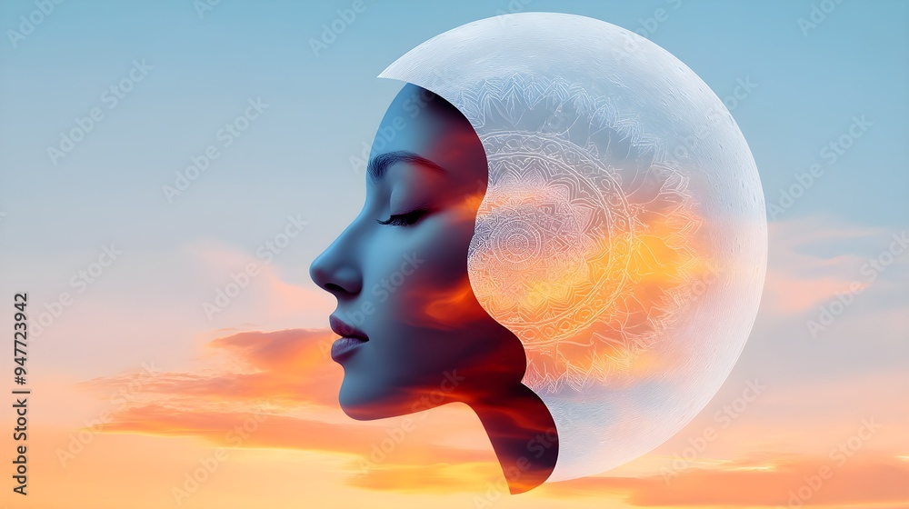 Ethereal double exposure of a boho-style sun and moon, layered with intricate mandala patterns, creating a mystical celestial scene Ethereal double exposure of a boho-style sun and moon, layered with intricate mandala patterns, creating a mystical celestial scene