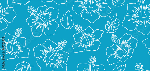 Hand drawn aloha hibiscus flower Hawaiian tropical seamless pattern. nature floral abstract back ground.