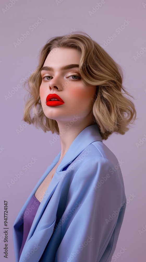 Captivating Portrait of a Stylish Young Woman in Blue Jacket with Striking Red Lips Captivating Portrait of a Stylish Young Woman in Blue Jacket with Striking Red Lips