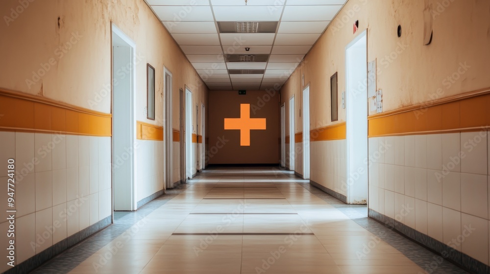 Obraz premium Abandoned, dusty hospital hallway with peeling paint and broken light fixtures