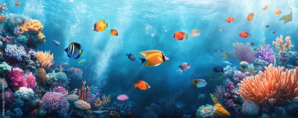 Fototapeta premium a vibrant coral reef teeming with colorful fish swimming through crystal clear water.