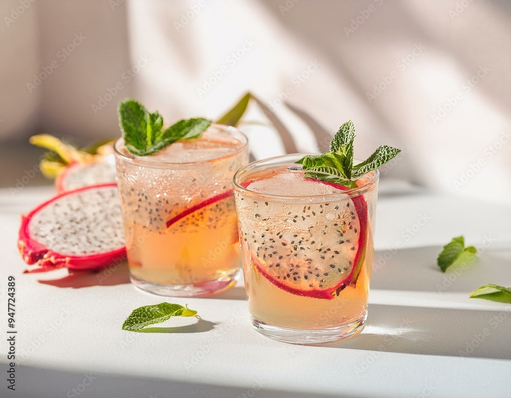 Summer cold dragon fruit fizz cocktail or iced tea with mint. Two glasses with dragon fruit on white background. ai generated Summer cold dragon fruit fizz cocktail or iced tea with mint. Two glasses with dragon fruit on white background. ai generated