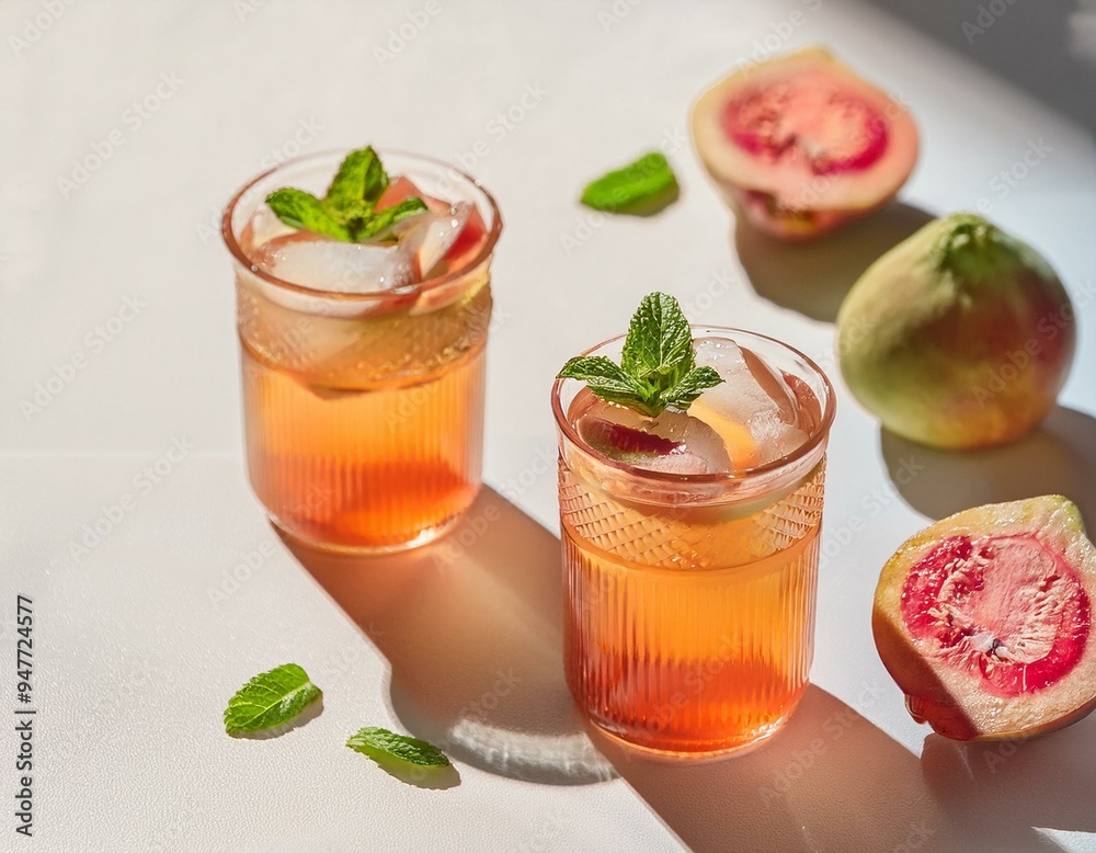 Summer cold guava fizz cocktail or iced tea with mint. Two glasses with guava lemonade on white background. ai generated Summer cold guava fizz cocktail or iced tea with mint. Two glasses with guava lemonade on white background. ai generated