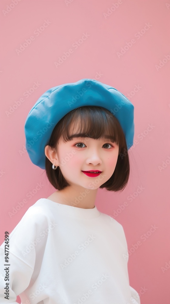 Cute Asian Woman Wearing Beret and Smiling Happily in Pink and White Studio