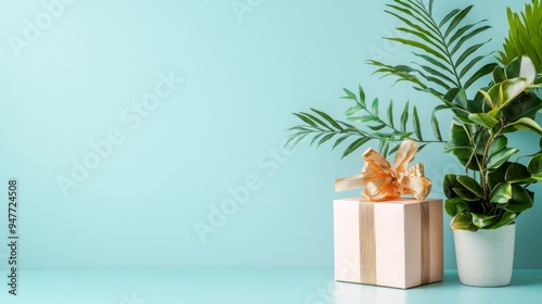 A beautifully wrapped gift box beside a lush green plant on a serene mint background, perfect for celebrations and occasions. photo