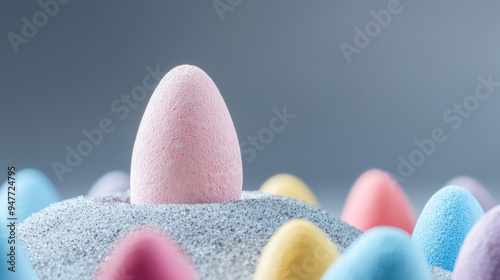 A close-up of a pastel-colored egg surrounded by soft sand, symbolizing spring and celebration. Perfect for holiday themes. photo