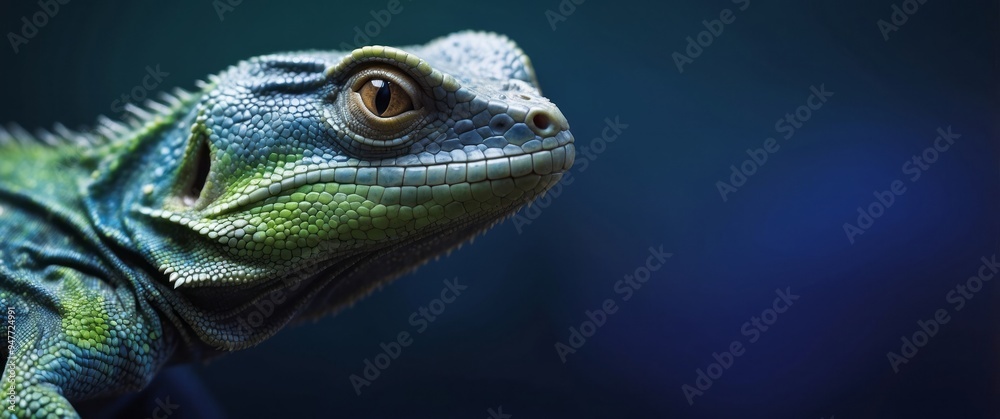 Close-up of a Green and Blue Lizard's Head with Yellow Eye Close-up of a Green and Blue Lizard's Head with Yellow Eye