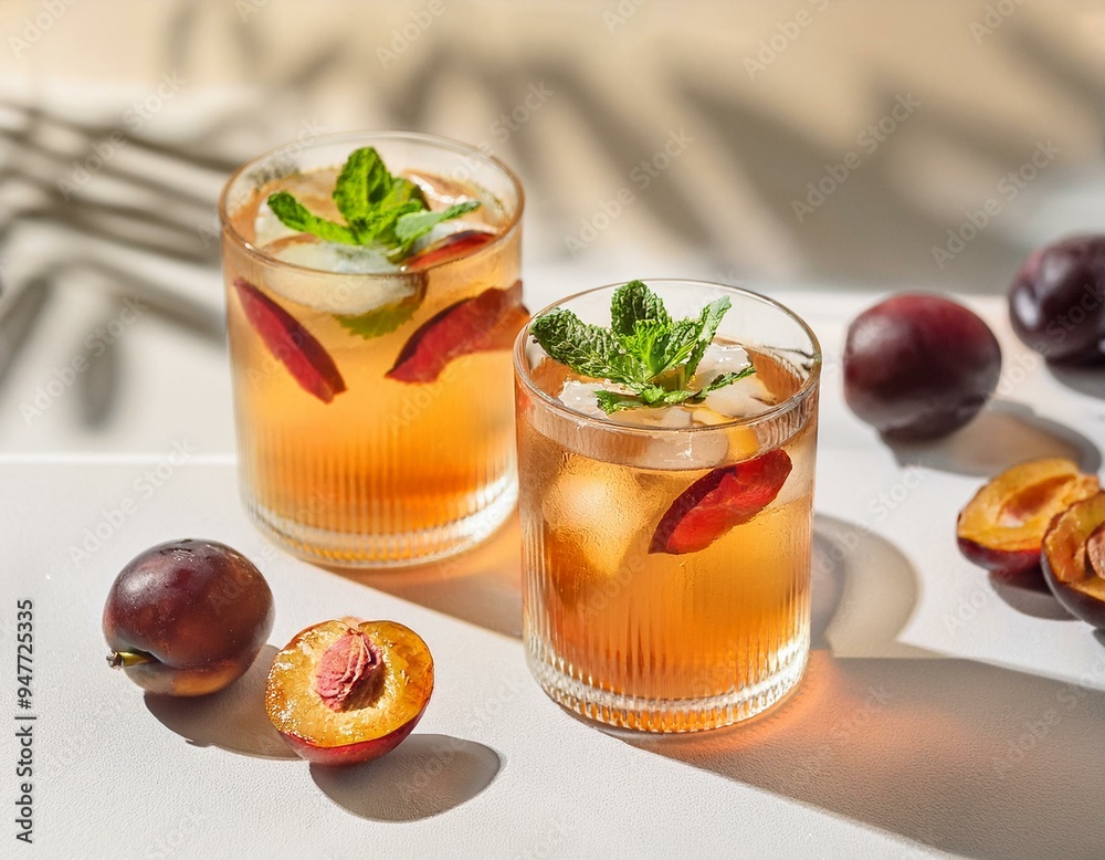 Summer cold Plum fizz cocktail or iced tea with mint. Two glasses with Plum lemonade on white background. ai generated Summer cold Plum fizz cocktail or iced tea with mint. Two glasses with Plum lemonade on white background. ai generated