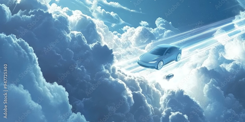 Fototapeta premium Car driving through clouds in the sky.