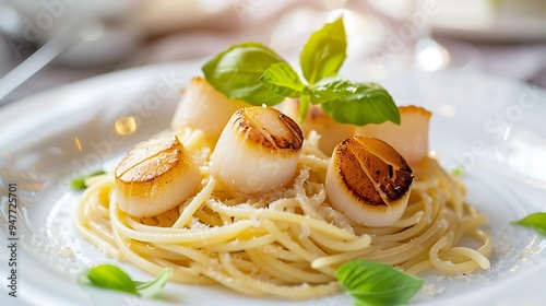 Obraz na płótnie An attractive view of beautiful macaroni packed with scallops w salonie