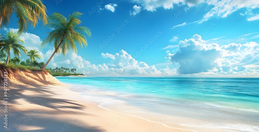 A beautiful beach with palm trees and blue sky, sun shining A beautiful beach with palm trees and blue sky, sun shining