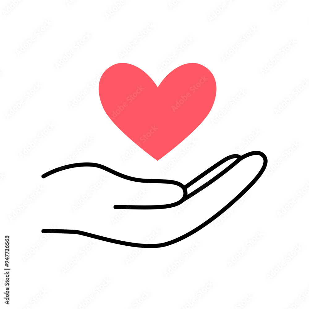 Simple outline heart above hand icon. Symbol of donation, charity and sharing love Simple outline heart above hand icon. Symbol of donation, charity and sharing love