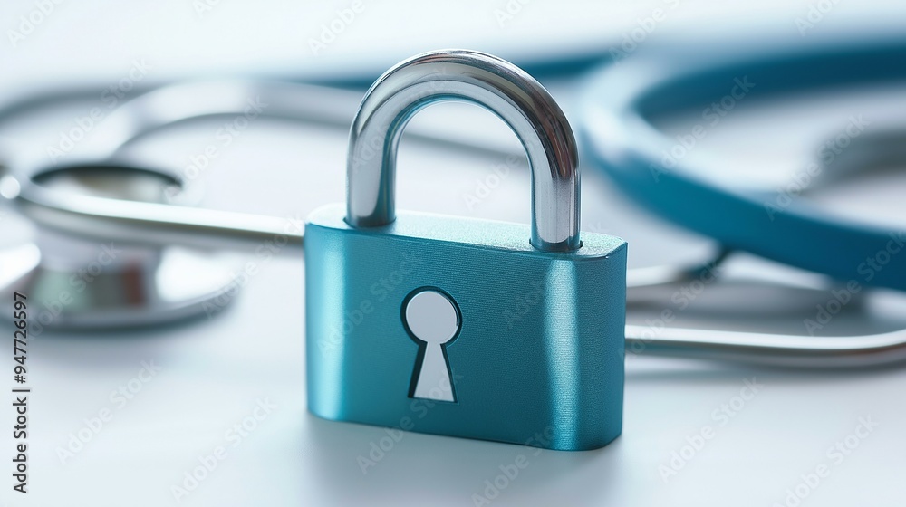Padlock Icon Representing Healthcare Data Security with Stethoscope on White Background Padlock Icon Representing Healthcare Data Security with Stethoscope on White Background