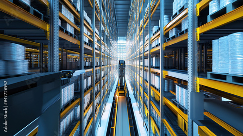 a high-tech automated storage and retrieval system in action, with robotic arms selecting items from multi-story shelving units