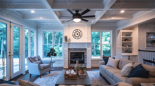 Obraz na płótnie An beautiful living room low angle view of a new ceiling fan w salonie