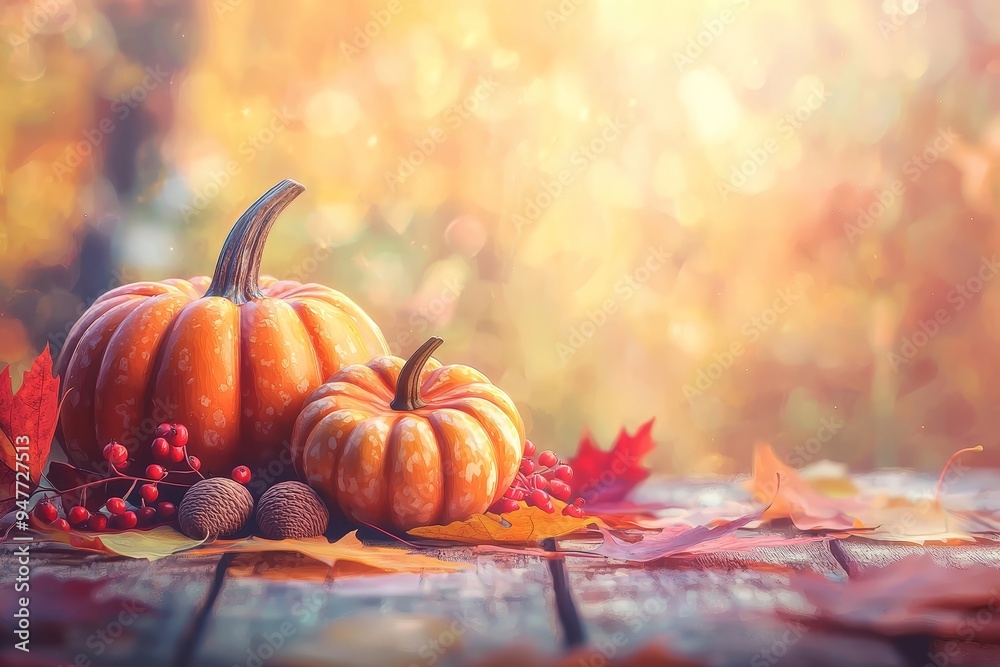 On a wooden background, a colorful display of pumpkins, pumpkins and leaves sits in a row. Text space is provided. Stock photo. On a wooden background, a colorful display of pumpkins, pumpkins and leaves sits in a row. Text space is provided. Stock photo.