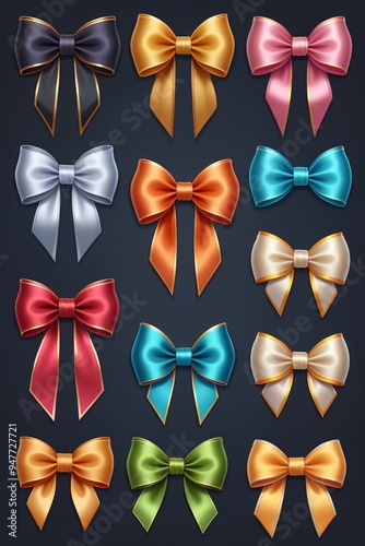 A collection of colorful ribbons and bows isolated on a clean dark background, cartoon style