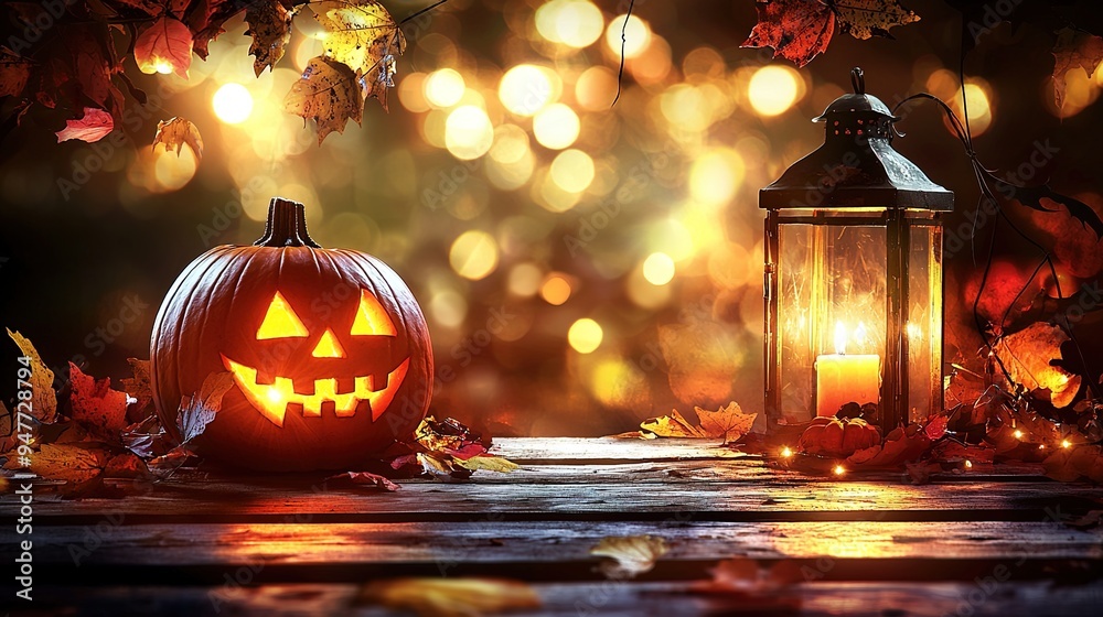 pumpkins with glowing carved faces for halloween on wooden table with lights and bokeh background pumpkins with glowing carved faces for halloween on wooden table with lights and bokeh background