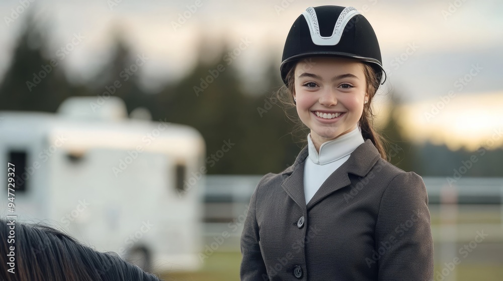 Girl in equestrian uniform on horseback with trailer. Girl in equestrian uniform on horseback with trailer.