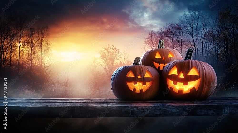 Fototapeta premium pumpkins with glowing carved faces for halloween on wooden table against abstract colorful background