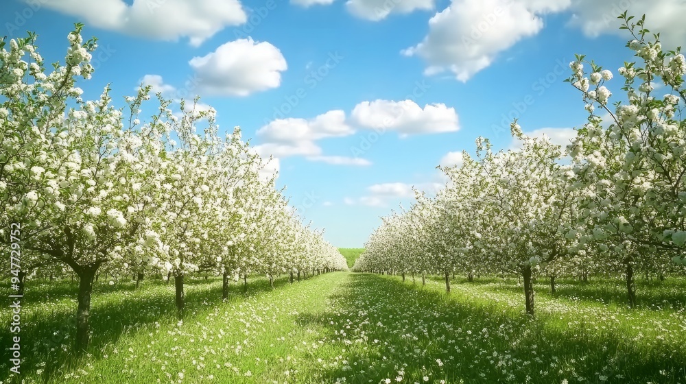Blooming apple trees in a lush green orchard on a sunny day with a blue sky and white clouds. Blooming apple trees in a lush green orchard on a sunny day with a blue sky and white clouds.