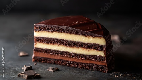 A decadent slice of chocolate marquise, its layers catching the light against a deep, moody backdrop photo