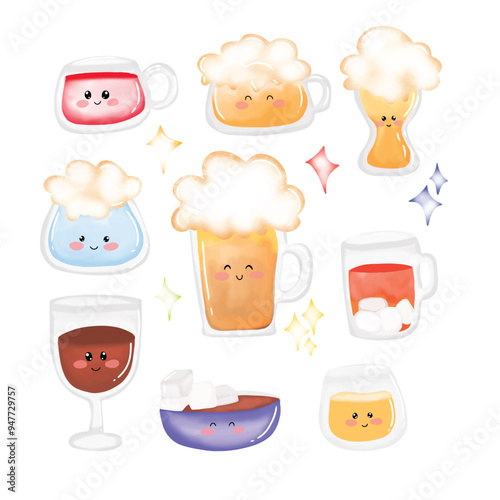 set of watercolor kawaii drink cartoon character vector design