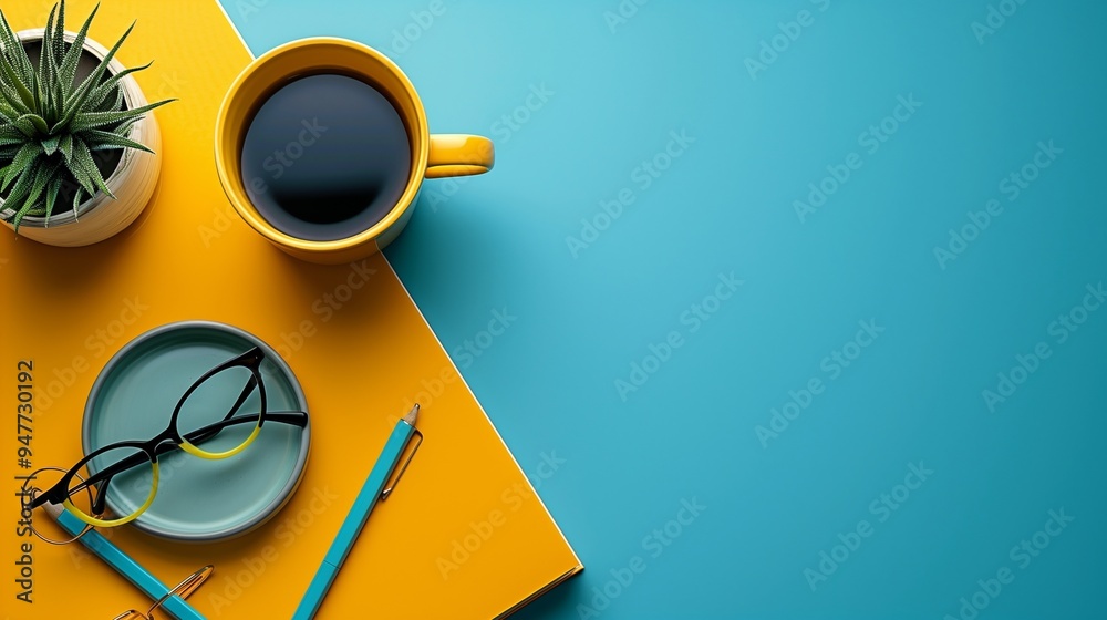 A cup of coffee with glasses, notebook, pen, plant on a blue table, copy space top view banner A cup of coffee with glasses, notebook, pen, plant on a blue table, copy space top view banner