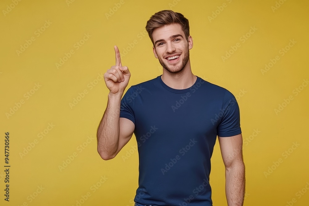 An isolated yellow background poses a pretty young male wearing a trendy blue outfit with a point of empty space in between An isolated yellow background poses a pretty young male wearing a trendy blue outfit with a point of empty space in between