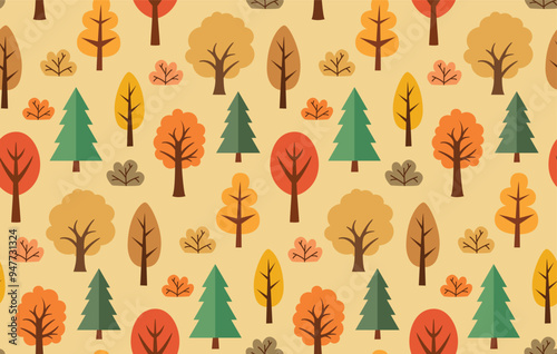 Seamless pattern with simple flat autumn trees and bushes. Vector cute backdrop.	