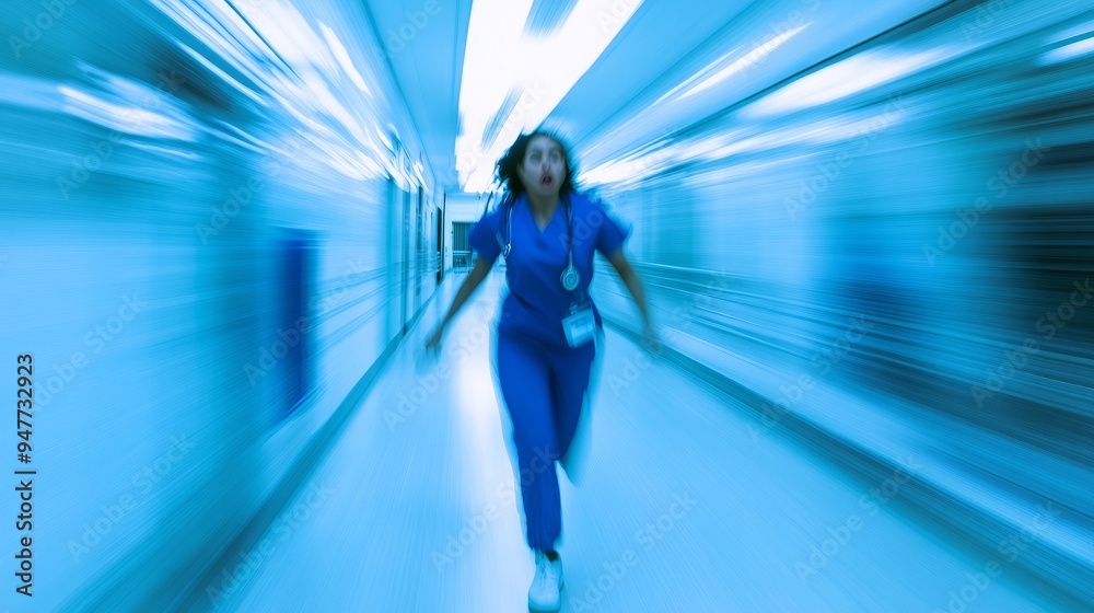 High-Speed Medical Assistance, Nurse Captured in Full Sprint, Hospital Gallery Scene with Motion Blur High-Speed Medical Assistance, Nurse Captured in Full Sprint, Hospital Gallery Scene with Motion Blur