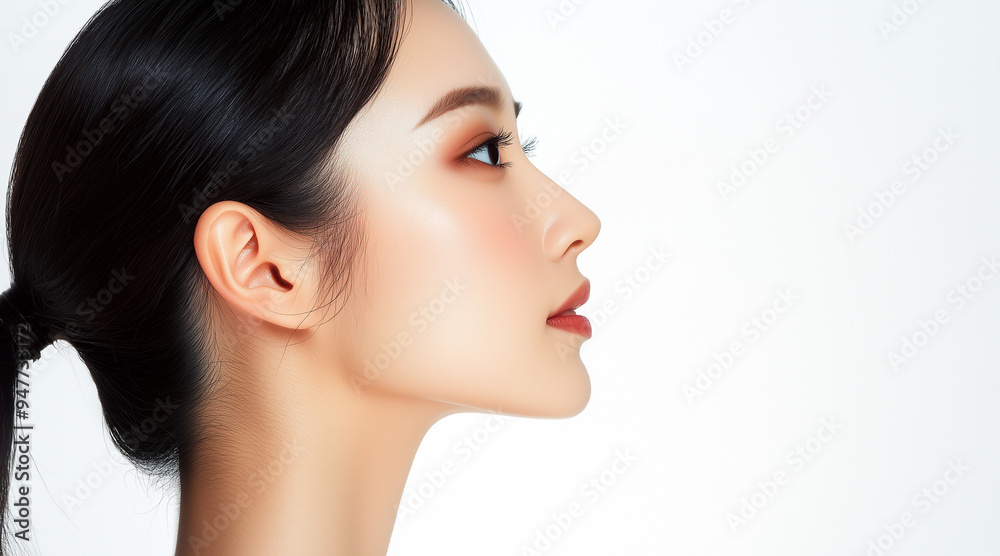 photo of side profile portrait of an Asian woman, seamless white background, high contrast photo of side profile portrait of an Asian woman, seamless white background, high contrast