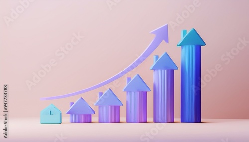 Free Download A colorful 3D illustration depicting a growth chart with houses and arrows symbolizing increasing real estate values. - GFXLoad