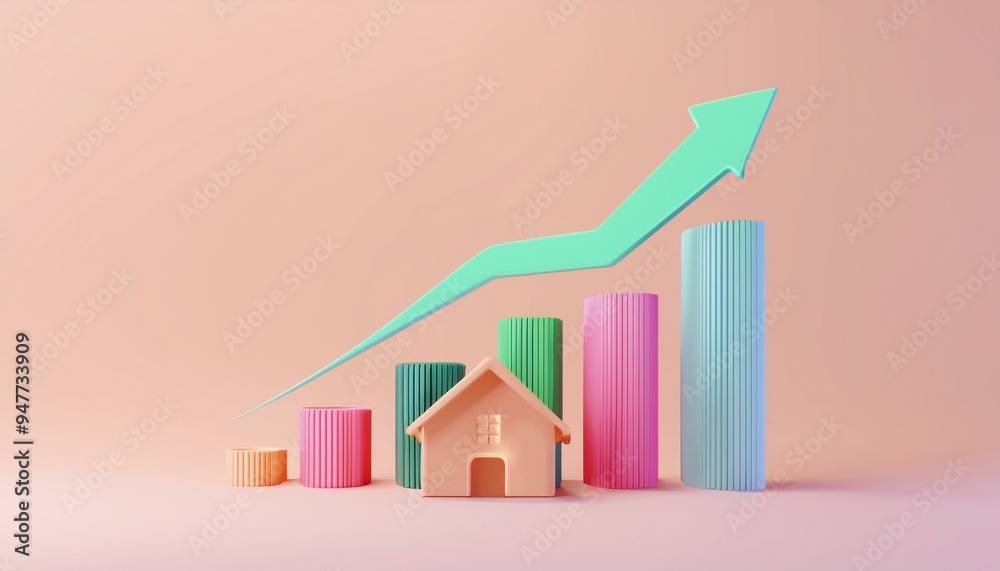 Colorful bar graphs illustrate growth in real estate market trends with a house model in a minimalist design. Colorful bar graphs illustrate growth in real estate market trends with a house model in a minimalist design.