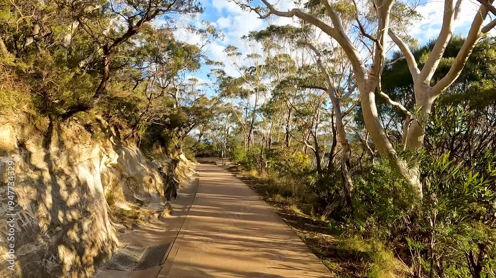 Landscape of Walking Path Trekking to The Three Sisters are an unusual rock formation in the Blue Mountains National Park of Katoomba , New South Wales, Australia - Dolly in  Footage  Travel Outdoor 
