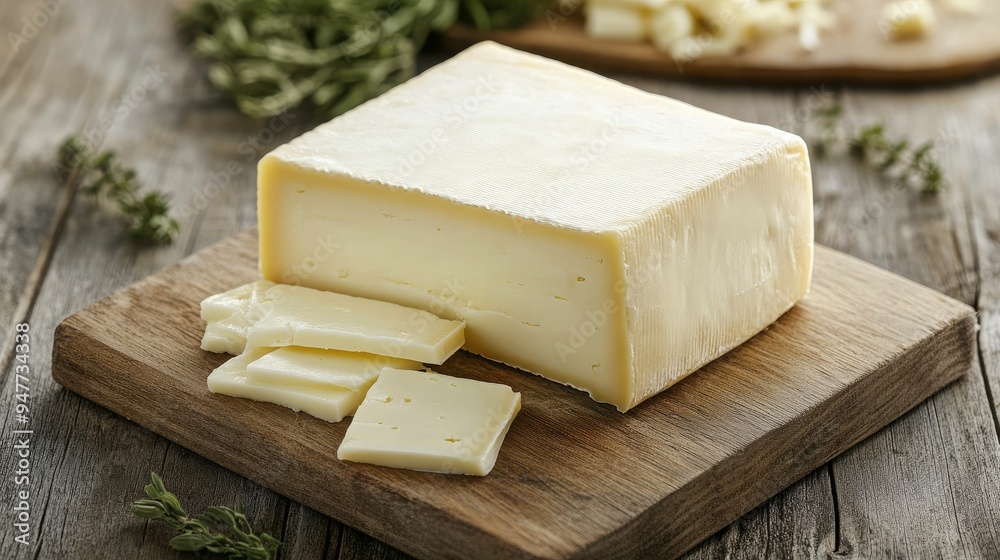 A block of fresh cow cheese on a cutting board, with a few slices taken out, revealing a rich, creamy texture, close-up to capture the details A block of fresh cow cheese on a cutting board, with a few slices taken out, revealing a rich, creamy texture, close-up to capture the details