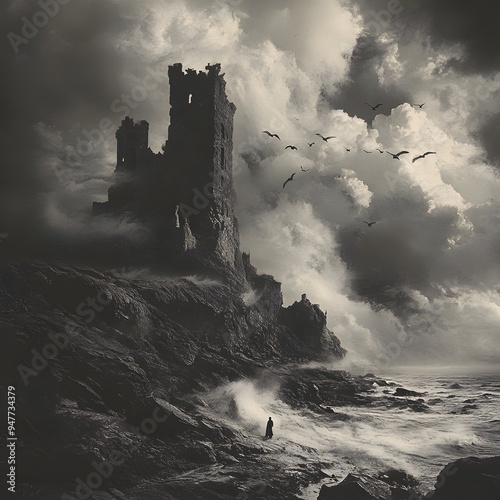 Crumbling Gothic Castle Ruins on Windswept Cliffside with Circling Ravens and Dramatic Clouds