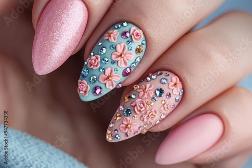 A surreal image of nails with intricate 3D designs, featuring tiny flowers and gemstones, set against a whimsical, dreamlike background, Fantasy, Digital Art photo