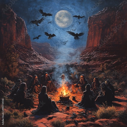 Witch s Coven Gathered Around Blazing Campfire in Remote Western Canyon Under Full Harvest Moon