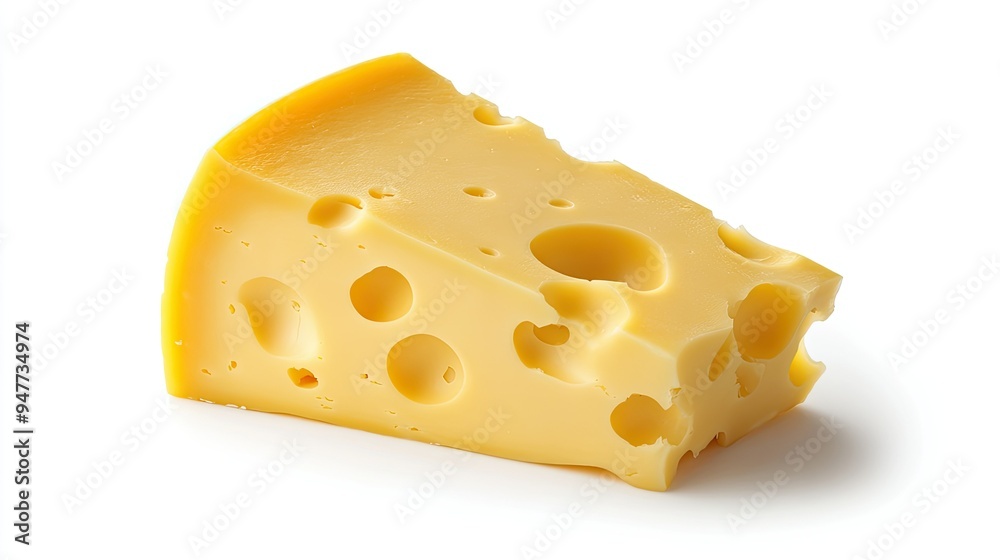 A chunk of Holland cheese with a distinctive yellow hue, isolated on a white background, casting a soft shadow for a realistic, three-dimensional look A chunk of Holland cheese with a distinctive yellow hue, isolated on a white background, casting a soft shadow for a realistic, three-dimensional look