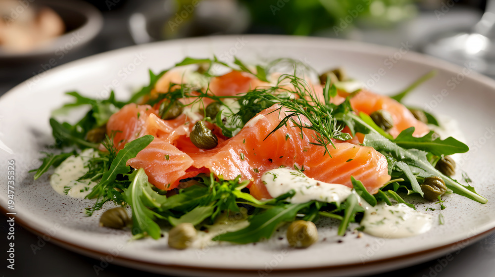 Gourmet Style A sophisticated salmon salad with smoked salmon, arugula, and capers, served on a fine porcelain plate with a drizzle of creamy dill dressing Gourmet Style A sophisticated salmon salad with smoked salmon, arugula, and capers, served on a fine porcelain plate with a drizzle of creamy dill dressing
