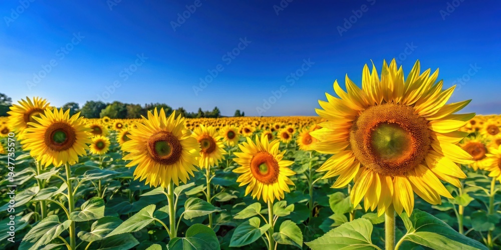 Vibrant sunflower field under a clear blue sky, sunflowers, field, nature, yellow, blooming, agriculture, summer, beauty, rural Vibrant sunflower field under a clear blue sky, sunflowers, field, nature, yellow, blooming, agriculture, summer, beauty, rural