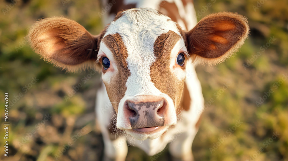 A delightful calf with wide, playful eyes gazes curiously, framed by soft greenery in the background A delightful calf with wide, playful eyes gazes curiously, framed by soft greenery in the background