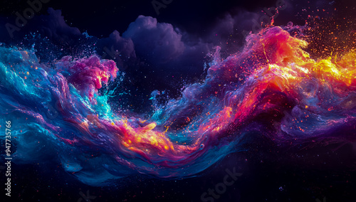 Colorful liquid paint splashes create an abstract, dynamic composition on a dark background.