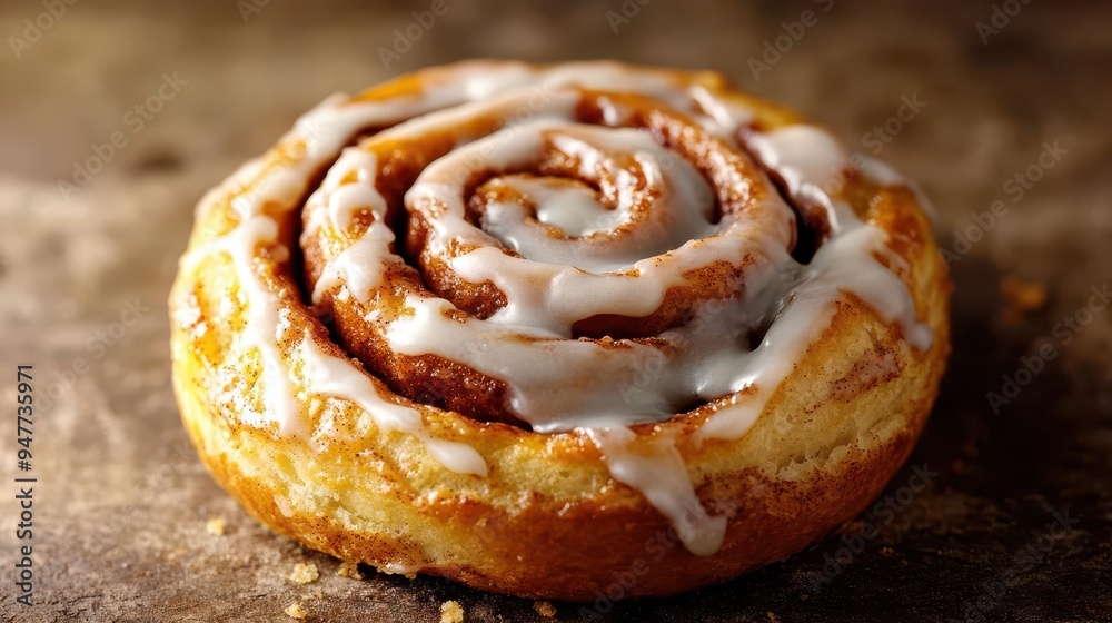 Fototapeta premium A warm cinnamon roll with gooey icing, glowing softly against a deep, rustic background