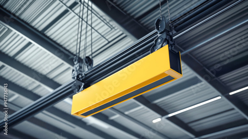 A yellow lifting block hangs from black rails, suspended under a grey steel roof structure in a spacious, modern industrial hangar photo