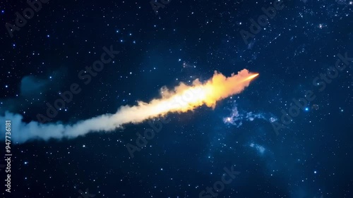 Rocket ship is launching into the atmosphere leaving a trail of smoke